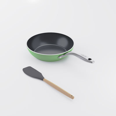 Asai Ceramic Mini Frying Pan in Basil Green with silicone spatula