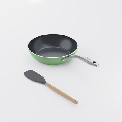 Asai Ceramic Mini Frying Pan in Basil Green with silicone spatula