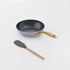 Asai Ceramic Mini Frying Pan in Clay Grey with gold handle and silicone spatula
