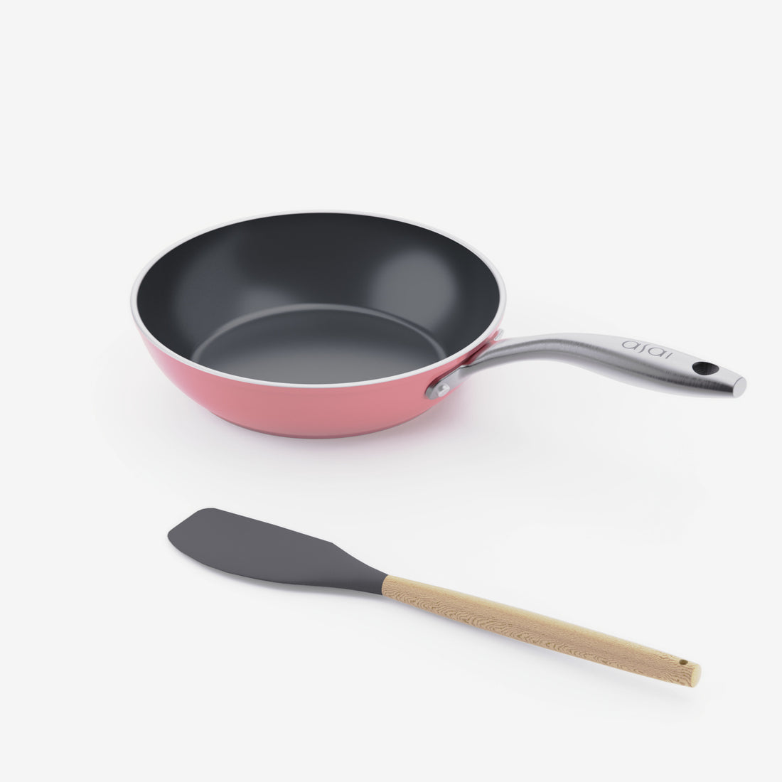 Asai Ceramic Mini Frying Pan in Kintsugi Pink with silicone spatula