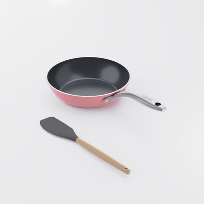Asai Ceramic Mini Frying Pan in Kintsugi Pink with silicone spatula