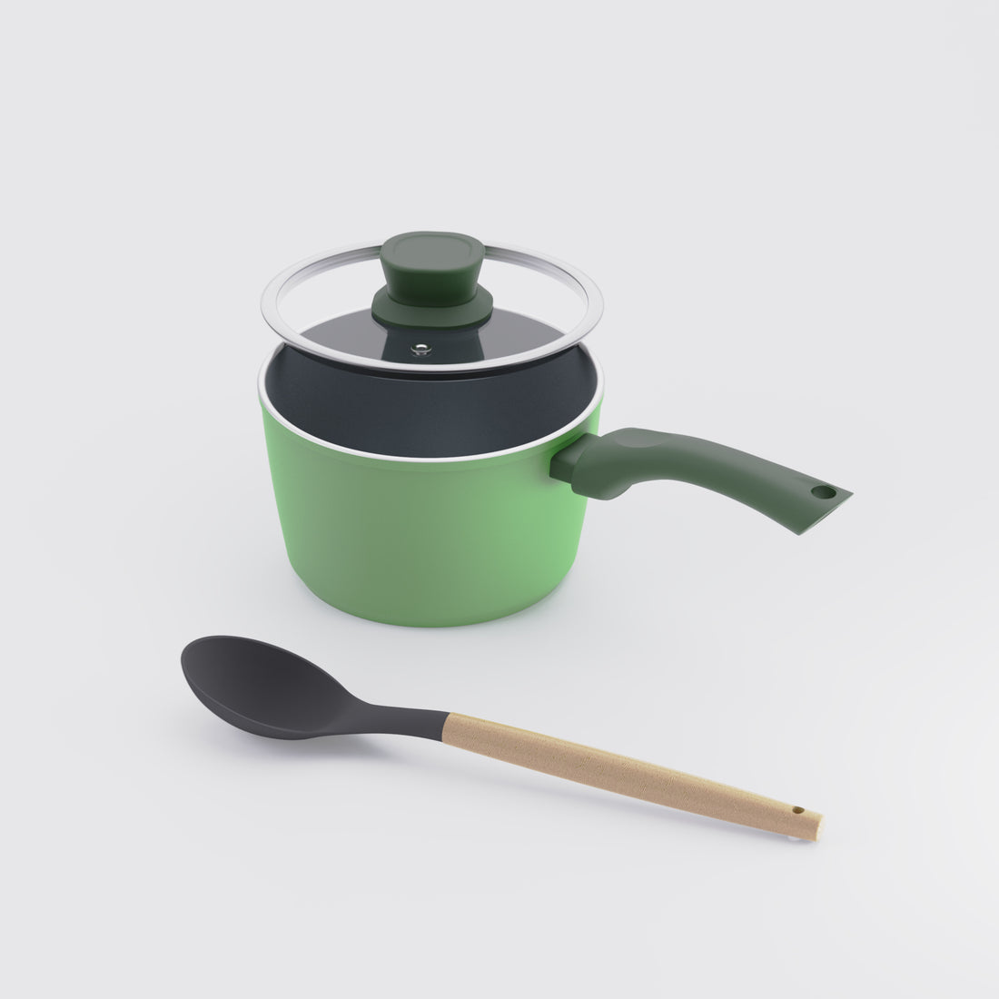 Asai Ceramic Sauce Pan in Basil Green with lid and silicone spoon