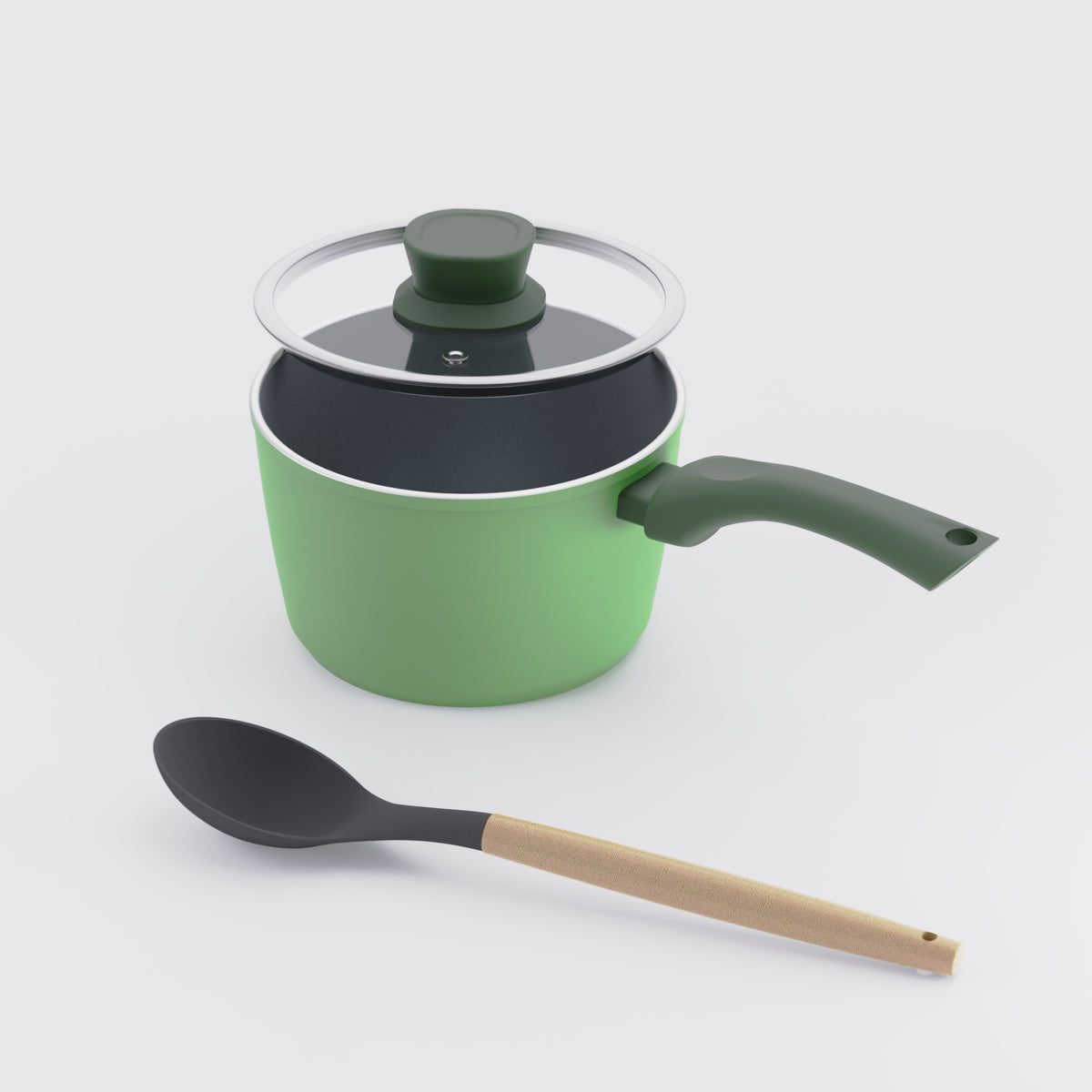 Asai Ceramic Sauce Pan in Basil Green with lid and silicone spoon