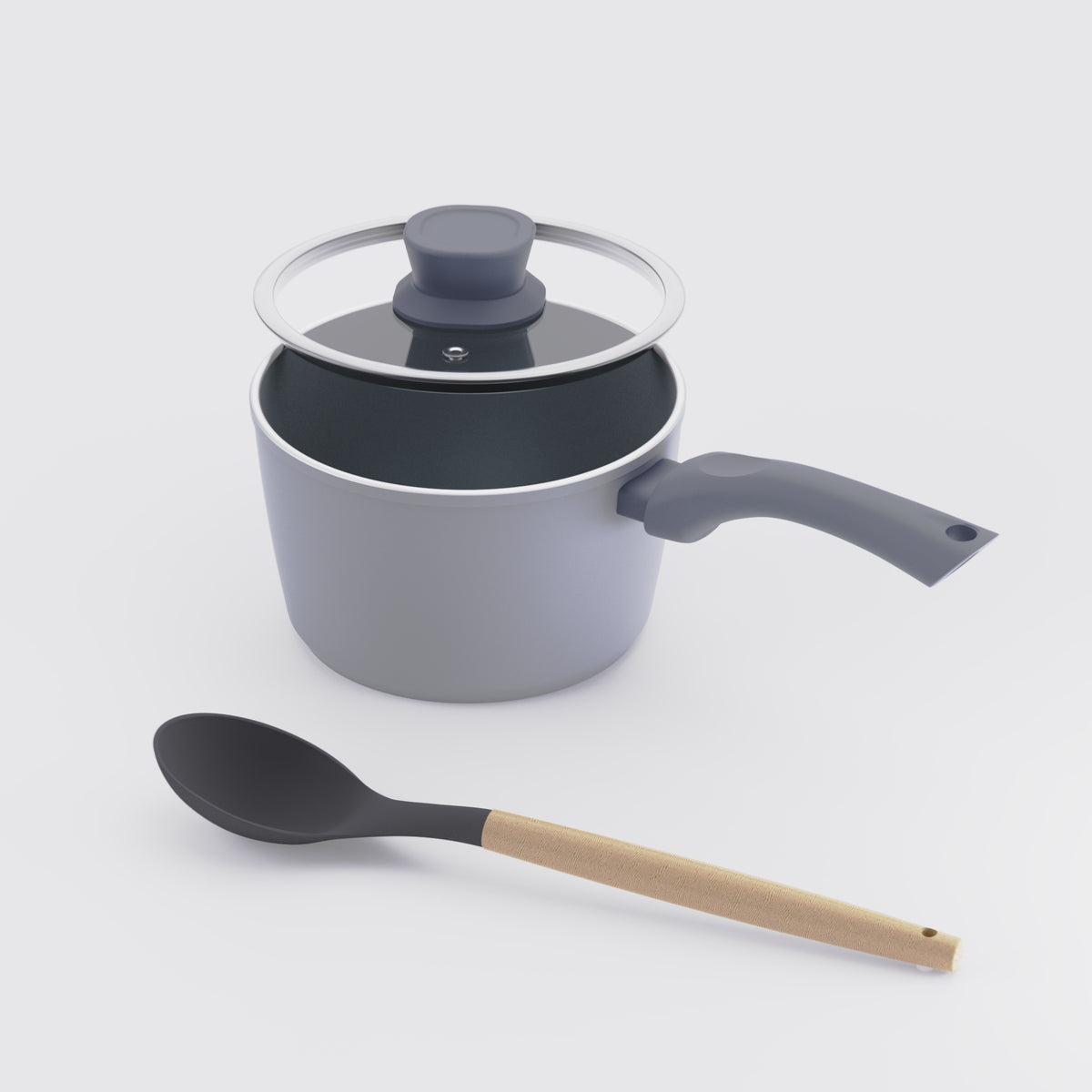 Asai Ceramic Sauce Pan in Clay Grey with lid and silicone spoon