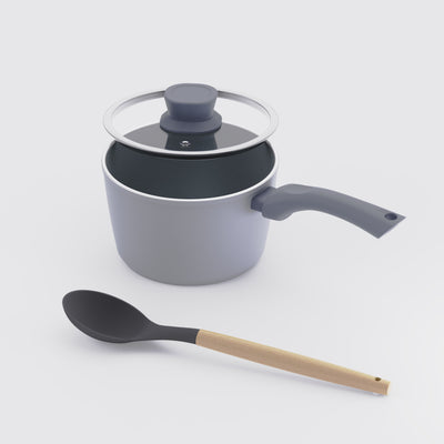 Asai Ceramic Sauce Pan in Clay Grey with lid and silicone spoon