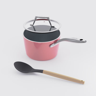 Asai Ceramic Sauce Pan in Kintsugi Pink with lid and silicone spoon