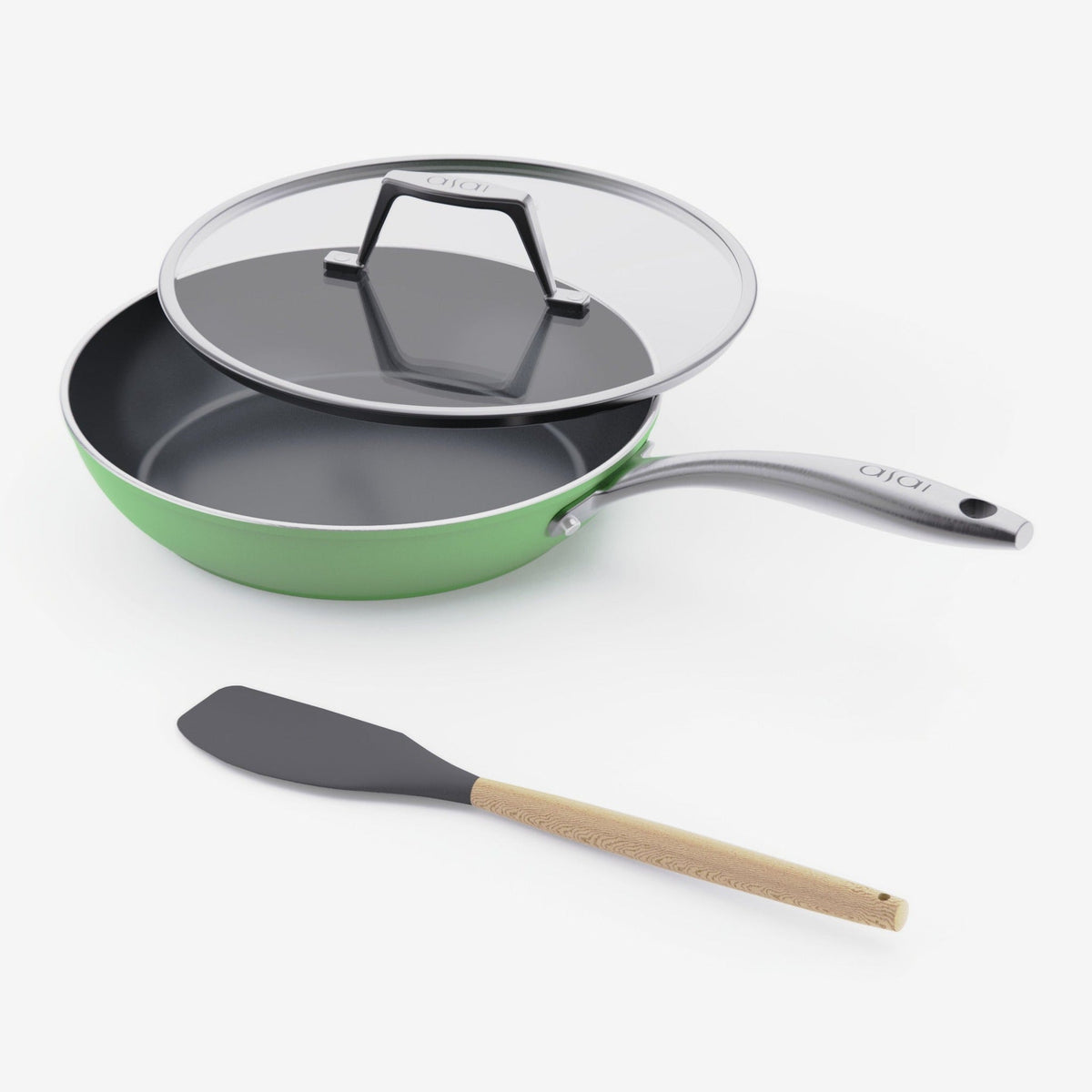 Asai Ceramic Frying Pan 26cm in Basil Green with lid and silicone spatula