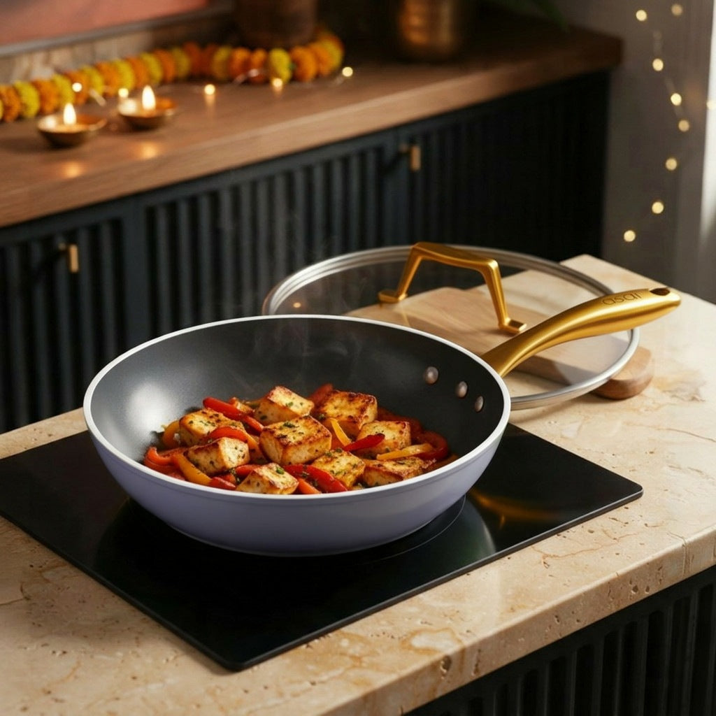 Asai Ceramic Frying Pan 26cm in Clay Grey in a Diwali kitchen