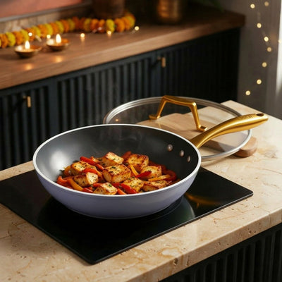 Asai Ceramic Frying Pan 26cm in Clay Grey in a Diwali kitchen