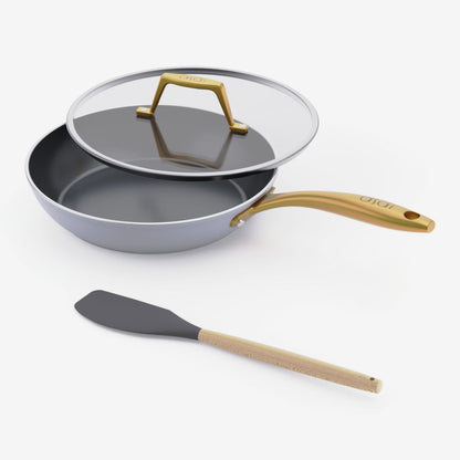 Asai Ceramic Frying Pan 26cm in Clay Grey with gold handle, lid and silicone spatula