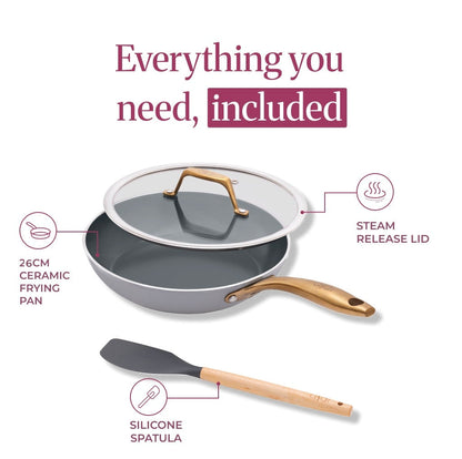 Everything you need, included: 26cm Clay Grey ceramic frying pan, steam release lid, silicone spatula