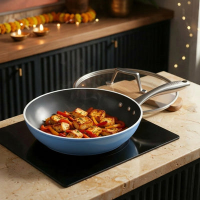 Asai Ceramic Frying Pan 26cm in Pacific Blue in a Diwali kitchen