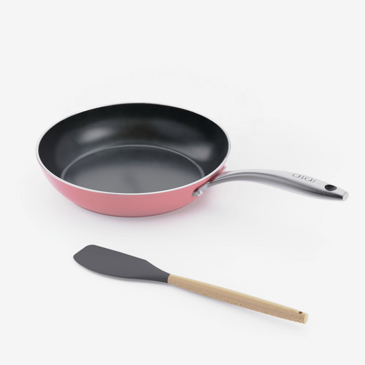 Asai Ceramic Frying Pan in Kintsugi Pink with silicone spatula