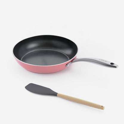 Asai Ceramic Frying Pan in Kintsugi Pink with silicone spatula