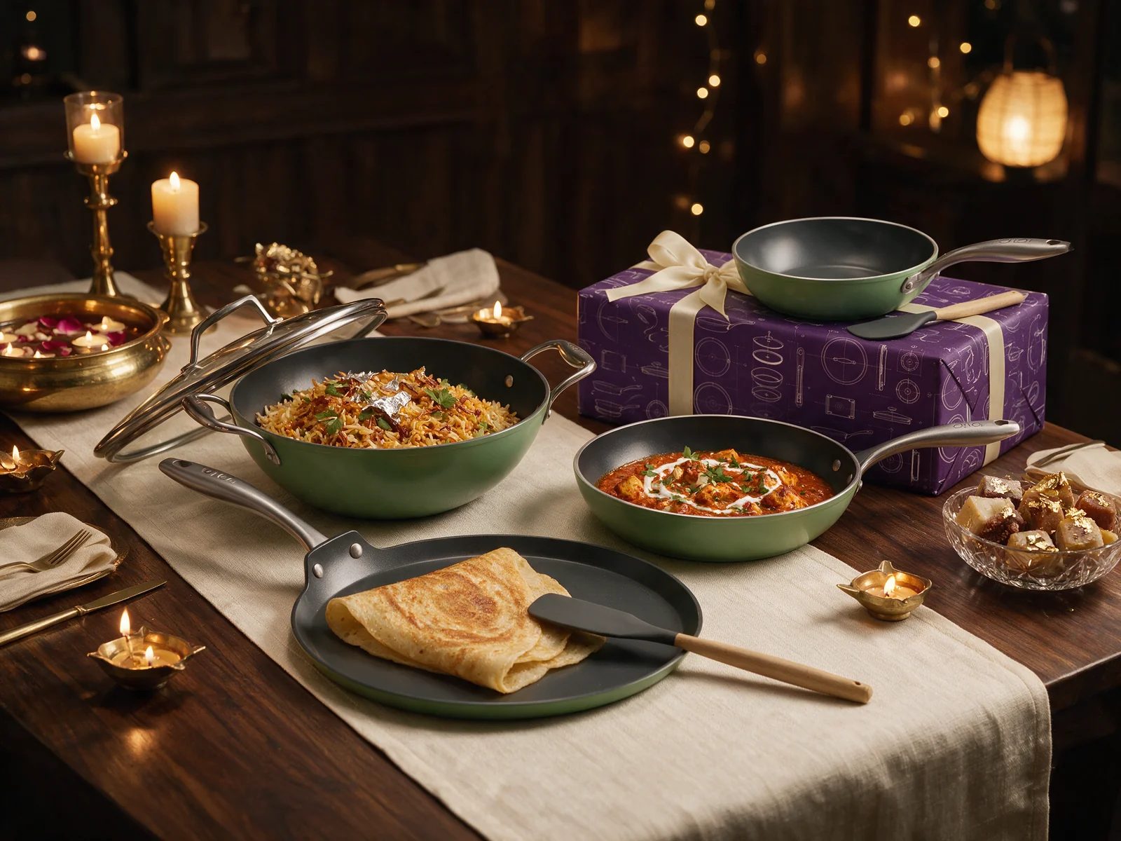 Festive Diwali table with the Asai Everyday Trio and a free frying pan on a gift box